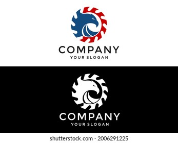 Logo design template with eagle head and saw blade. Wood working industry. Vector illustration.