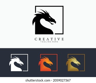 Plantilla de diseño de logotipo, con un icono épico de cabeza de dragón en una línea cuadrada
