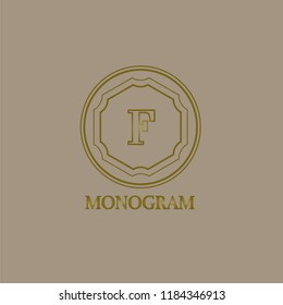 Logo design template F. Alphabetic label. Linear alphanumeric coat of arms with decorative frame. Luxurious linear creative monogram. Vector illustration