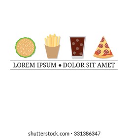 Logo design template with fast food elements. Burger, fries, cola and pizza slice isolated on white background. Tag line. Place for your text.