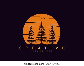 Logo design template, fir tree setting moon with black and orange silhouette, moon and tree silhouette landscape design