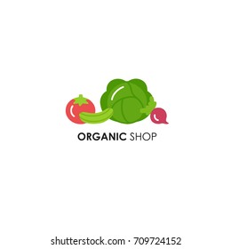 Logo design template in flat icon style for organic products, food and farmer. Vegetables symbols - tomato, radish, cucumber and cabbage. Natural, organic and vegan elements.