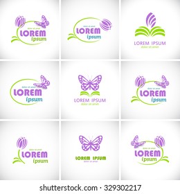 Logo design template with flower and butterfly. Logotype icon. Vector.