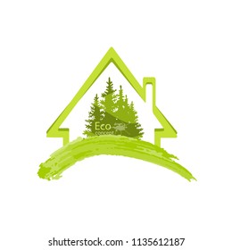 Logo design template of forest and house. Building vector silhouette. Vector logo illustration. The concept of ecology, to save the planet. Eco friendly. Environmentally friendly world.