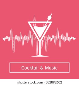 Logo design template with a glass and sound music wave. Vector illustration.