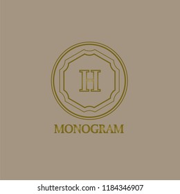 Logo design template H. Alphabetic label. Linear alphanumeric coat of arms with decorative frame. Luxurious linear creative monogram. Vector illustration