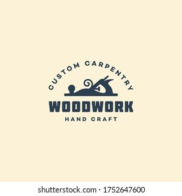 Logo design template with a hand plane for wood shop, carpentry, woodworkers, wood working industry, tool shop. Vector illustration.