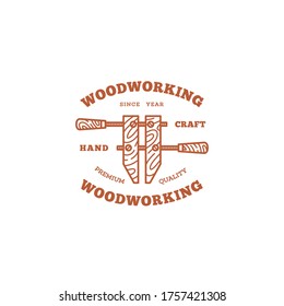 Plantilla de diseño de logotipos con una abrazadera de tornillo de mano para taller de madera, carpintería, obreros de madera, industria de trabajo de madera, taller de herramientas. Estilo lineal. Ilustración vectorial.
