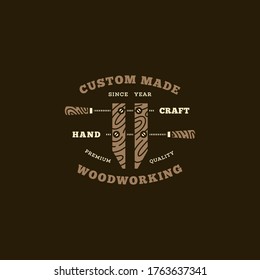 Logo design template with a hand screw clamp for wood shop, carpentry, woodworkers, wood working industry, tool shop. For a dark background. Vector illustration.