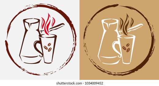 Logo design template. Hot Coffee cup with beans and coffee maker for emblems or labels. Vector illustration.