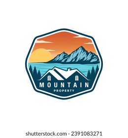 Logo design template for house rental on the lake with mountain. home logo construction. house mountain logo template Vector illustration