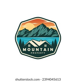 Logo design template for house rental on the lake with mountain. home logo construction. house mountain logo template Vector illustration