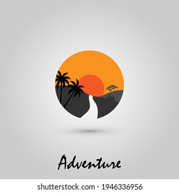 Logo design template, with iconic landscape illustration of mountains, roads and circle shaped trees
