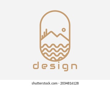 Logo design template, with icons of mountains, sun, conifers and ocean waves in circles