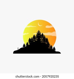 Plantilla de diseño de logotipos, con un diseño paisajístico de la silueta de la luna y los árboles