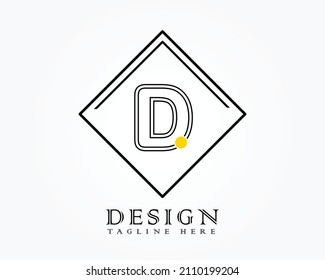 Logo design template with letter D of the alphabet in a box with yellow rounded marks.