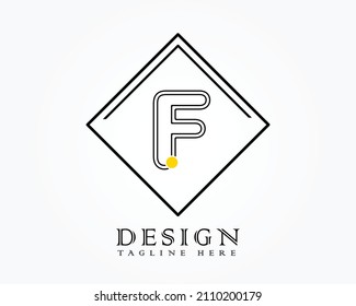 Logo design template with letter F of the alphabet in a box with yellow rounded marks.