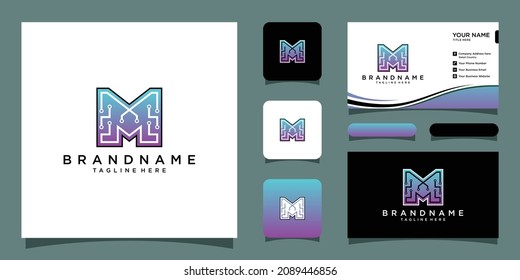 Plantilla de diseño de logotipo Tecnología de carta M con plantilla de diseño de tarjeta de visita Vector Premium