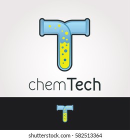 Logo design template. Letter T business symbol. Chemical technologies company concept sticker. Isolated vector illustration