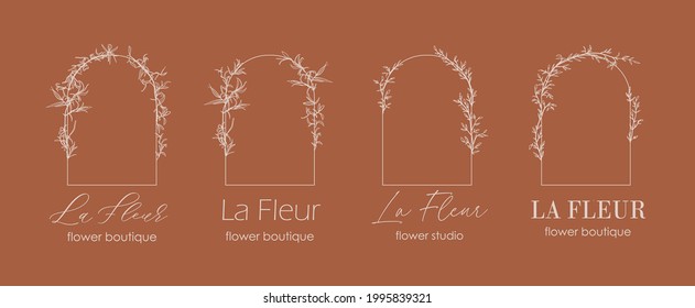 Logo design template and monogram concept in trendy linear style with arch - floral frame with copy space for text or letter - emblem for fashion, beauty and jewellery, Wedding invitation, socia