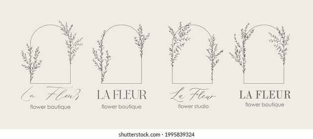 Logo design template and monogram concept in trendy linear style with arch - floral frame with copy space for text or letter - emblem for fashion, beauty and jewellery, Wedding invitation, socia