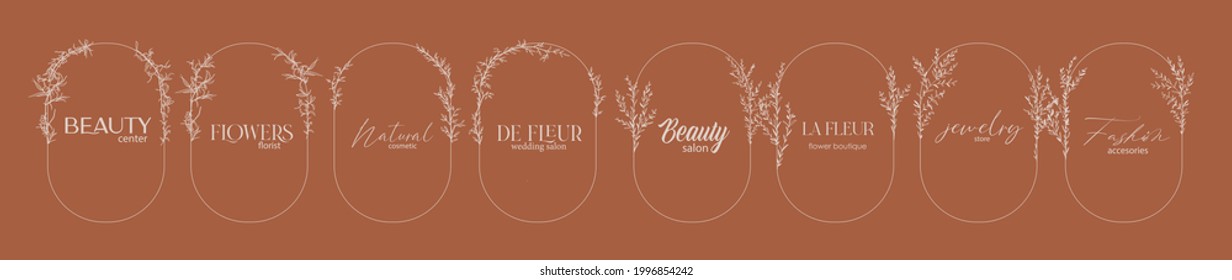 Logo design template and monogram concept in trendy linear style with arch - floral frame with copy space for text or letter - emblem for fashion, beauty and jewellery, Wedding invitation, socia.