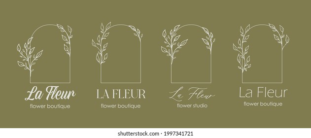 Logo design template and monogram concept in trendy linear style with arch - floral frame - emblem for fashion, beauty and jewellery, Wedding invitation, socia. La Fleur in French