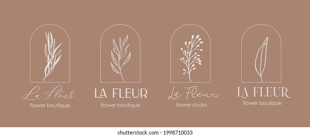 Logo design template and monogram concept in trendy linear style with arch - floral frame - emblem for fashion, beauty and jewellery, Wedding invitation, socia. La Fleur - flower in French.