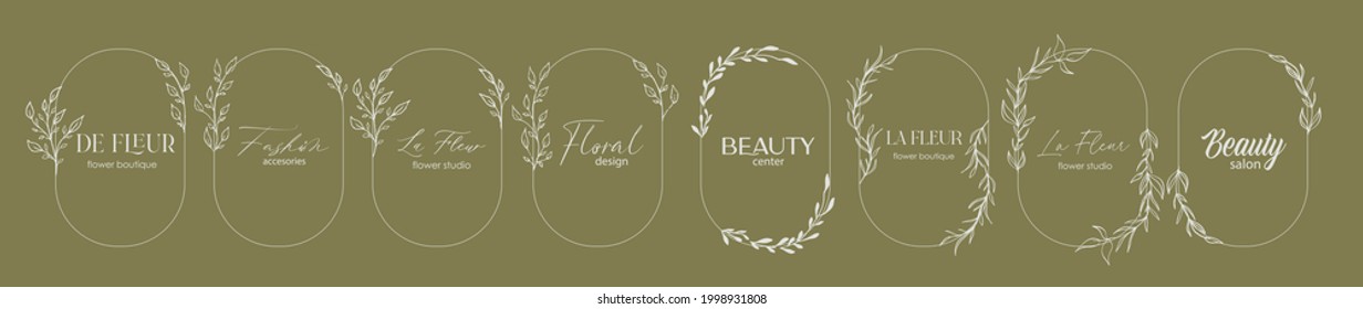 Logo design template and monogram concept in trendy linear style with arch,floral frame,emblem for fashion, beauty and jewellery, Wedding invitation, socia.La Fleur - flower in French.