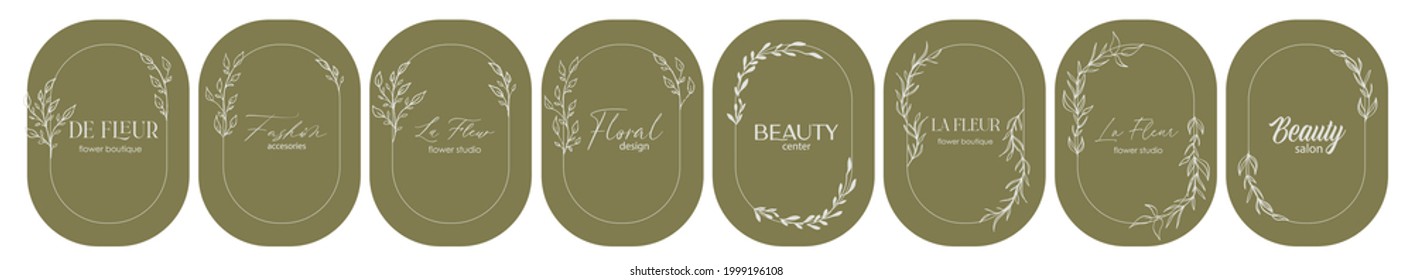 Logo design template and monogram concept in trendy linear style with arch, floral frame,emblem for fashion, beauty and jewellery, Wedding invitation, socia. La Fleur - flower in French