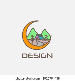 Logo design template, with moon icon and house and nature scenery