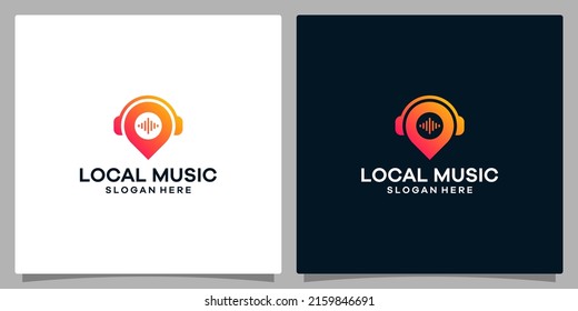 Logo design template Music. Logo headphone with symbol mark pinpoint location. Premium vector