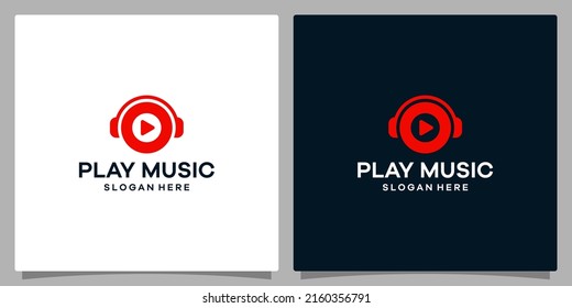 Logo Design Template Music. Logo Headphone With Play Button Video. Premium Vector