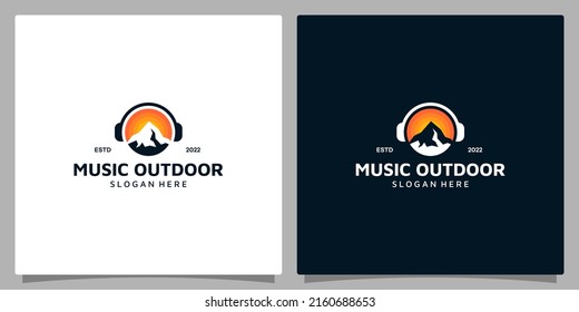 Plantilla de diseño de logotipo Música. Auriculares con logotipo con diseño de vectores de montaña y sol. Vector premium