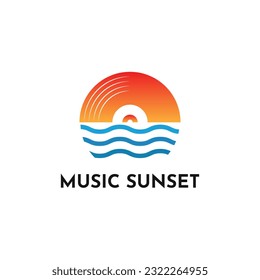 Plantilla de diseño de logotipo Music Sunset. Ola de logotipo con diseño vectorial de registros de vinilo