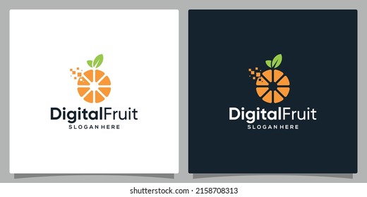 Logo design template orange digital. Logo orange fruit with digital pixel. Premium vector