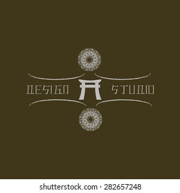  Logo design template in oriental style. Ethnic religious   logotype for business. Japanese, chinese and other eastern ornament. Asian traditional symbol.