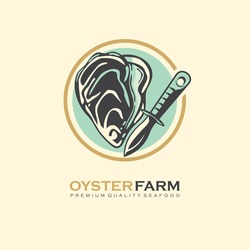 Logo Design Template For Oyster Farm. Fresh Organic Oyster And Knife Graphic Vector Symbol. Seafood Icon Layout.