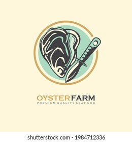 Logo design template for oyster farm. Fresh organic oyster and knife graphic vector symbol. Seafood icon layout.