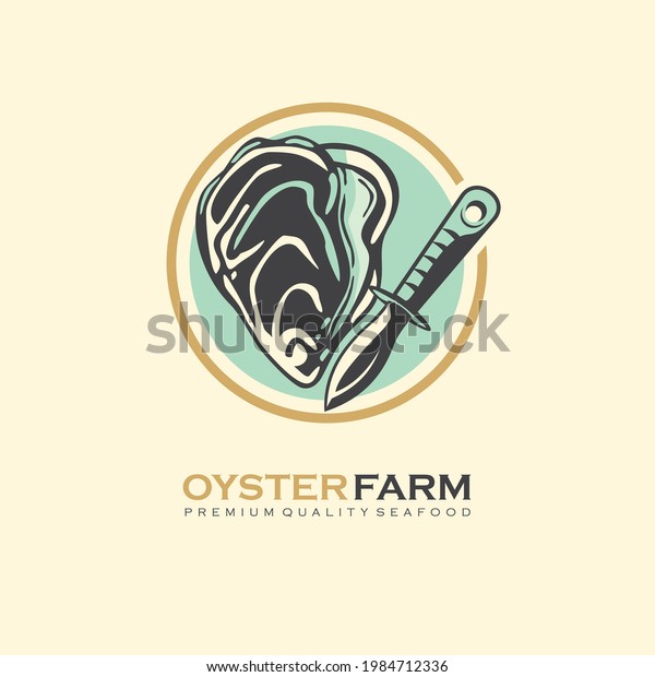Logo design\
template for oyster farm. Fresh organic oyster and knife graphic\
vector symbol. Seafood icon\
layout.