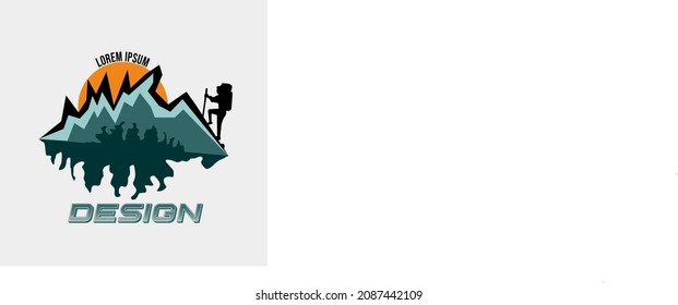 Plantilla de diseño de logotipos, con gente escalando la montaña al atardecer