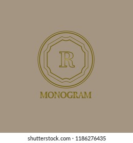 Logo design template R. Alphabetic label. Linear alphanumeric coat of arms with decorative frame. Luxurious linear creative monogram. Vector illustration