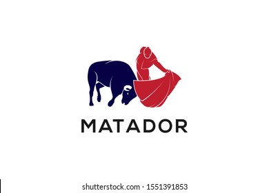 Logo design template of The red matador in action with blue bull. Matador is culture in spanyol. Flat color. 