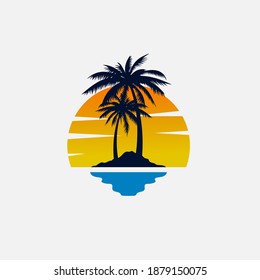 Logo Design Template, With Seaside, Moon And Sillhouette Trees Scenery Design