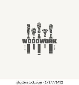 Logo Design Template With Set Of Chisels For Tool Shop, Woodworkers, Wood Shop, Carpentry, Wood Working Industry. Vector Illustration.