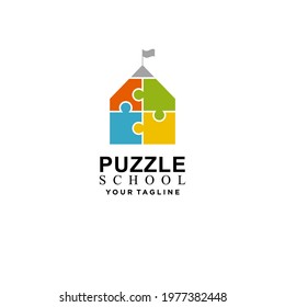 A logo design template in the shape of a house and a puzzle for a school symbol