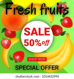 Logo design template for shops and cafes Healthy Eating . Vector illustration of summer sale and special offer words on fruits pattern.