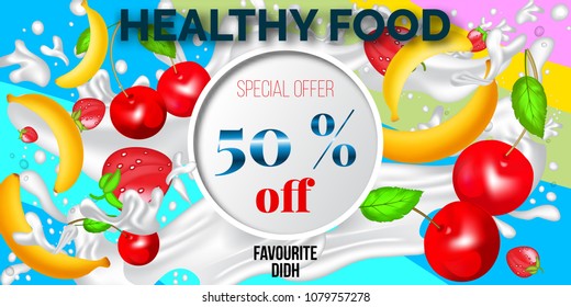Logo design template for shops and cafes Healthy Eating .Vector illustration of summer sale and special offer words on fruits pattern.