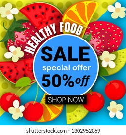 Logo design template for shops and cafes Healthy Eating .Vector illustration of summer sale and special offer words on fruits pattern.