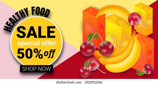 Logo design template for shops and cafes Healthy Eating .Vector illustration of summer sale and special offer words on fruits pattern.